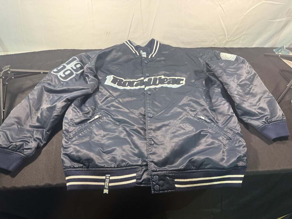 Rocawear Mens Jacket Navy Blue Satin 3XL Zip-Up Streetwear Hip-Hop Y2K Bomber Ja